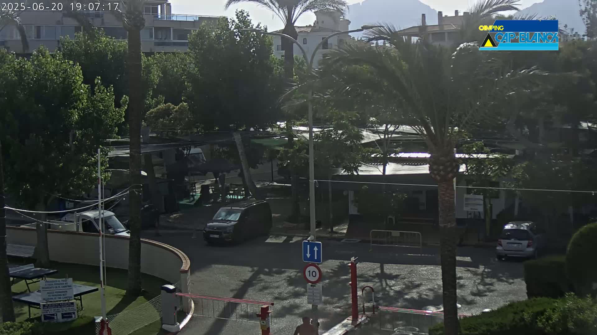 A sunny outdoor scene shows a parking lot and roadway with several vehicles, some palm trees, and buildings in the background.