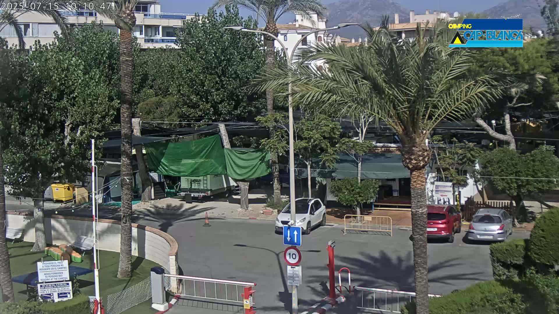 A sunny outdoor scene shows a parking lot with several cars among lush green trees and palm trees, near buildings and under a partly cloudy sky.