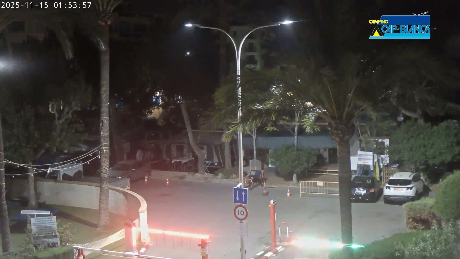 A clear night scene reveals a brightly lit modern street lamp, several prominent palm trees adorned with colorful string lights, an orange-glowing entrance barrier, and a few parked cars within an outdoor area.