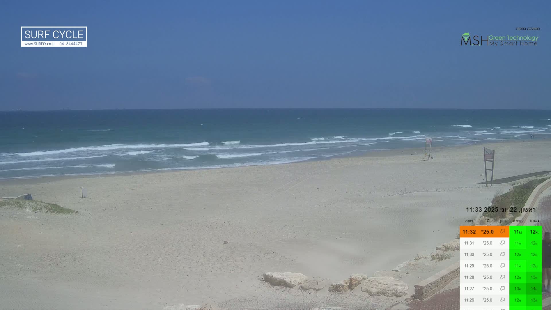 A sandy beach with small waves under a clear blue sky.