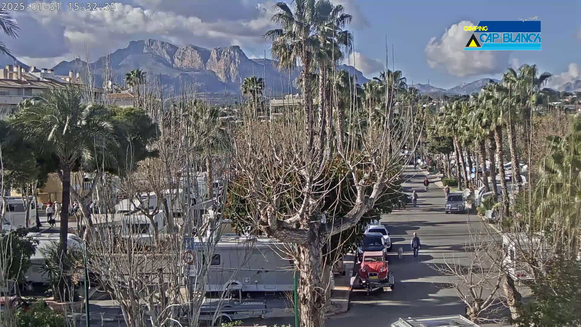 A sunny day reveals a street lined with palm trees and recreational vehicles, leading toward a mountain range in the background.