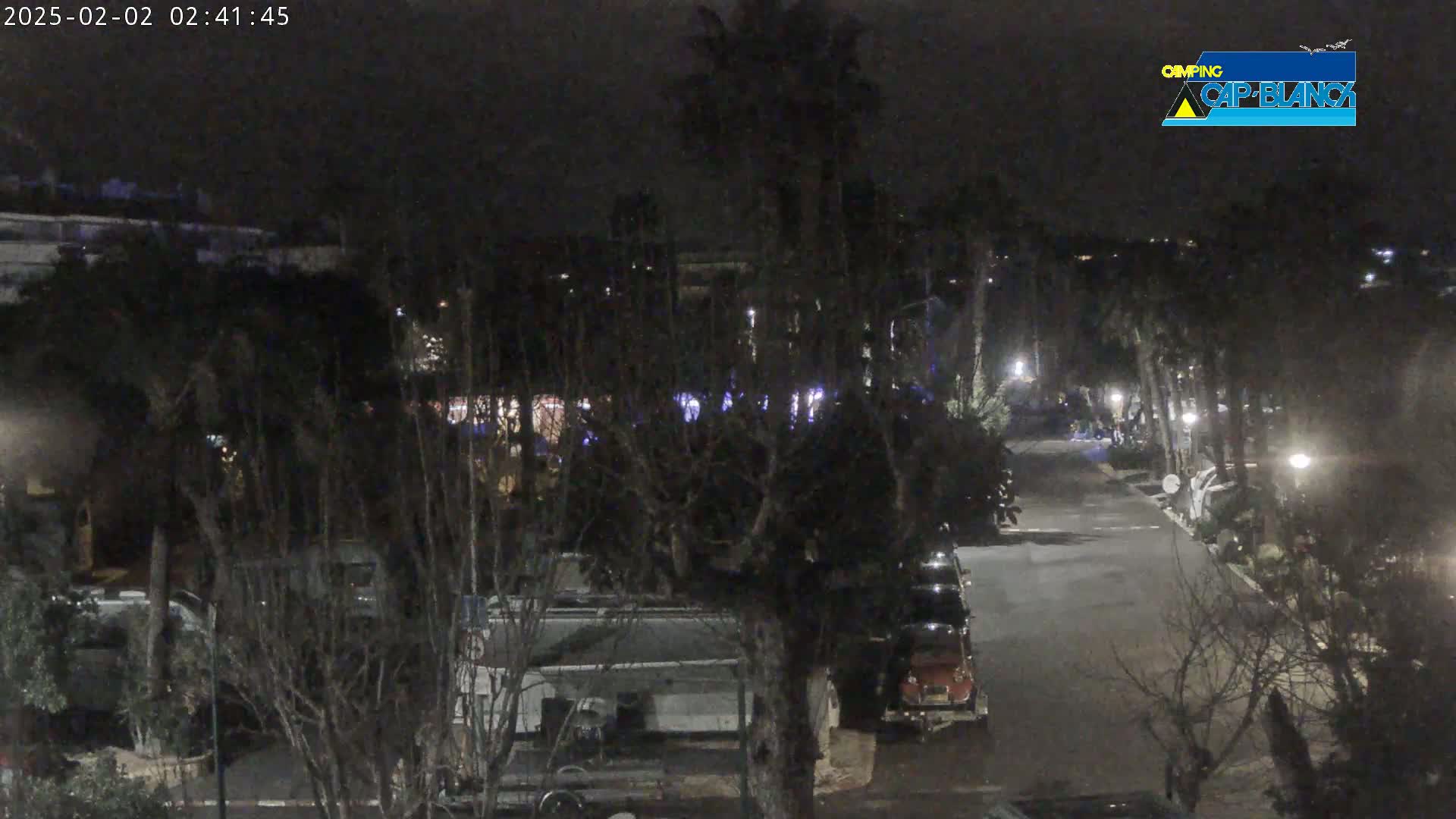 A nighttime, dimly lit view of a roadway in a campground, lined with trees and parked recreational vehicles.