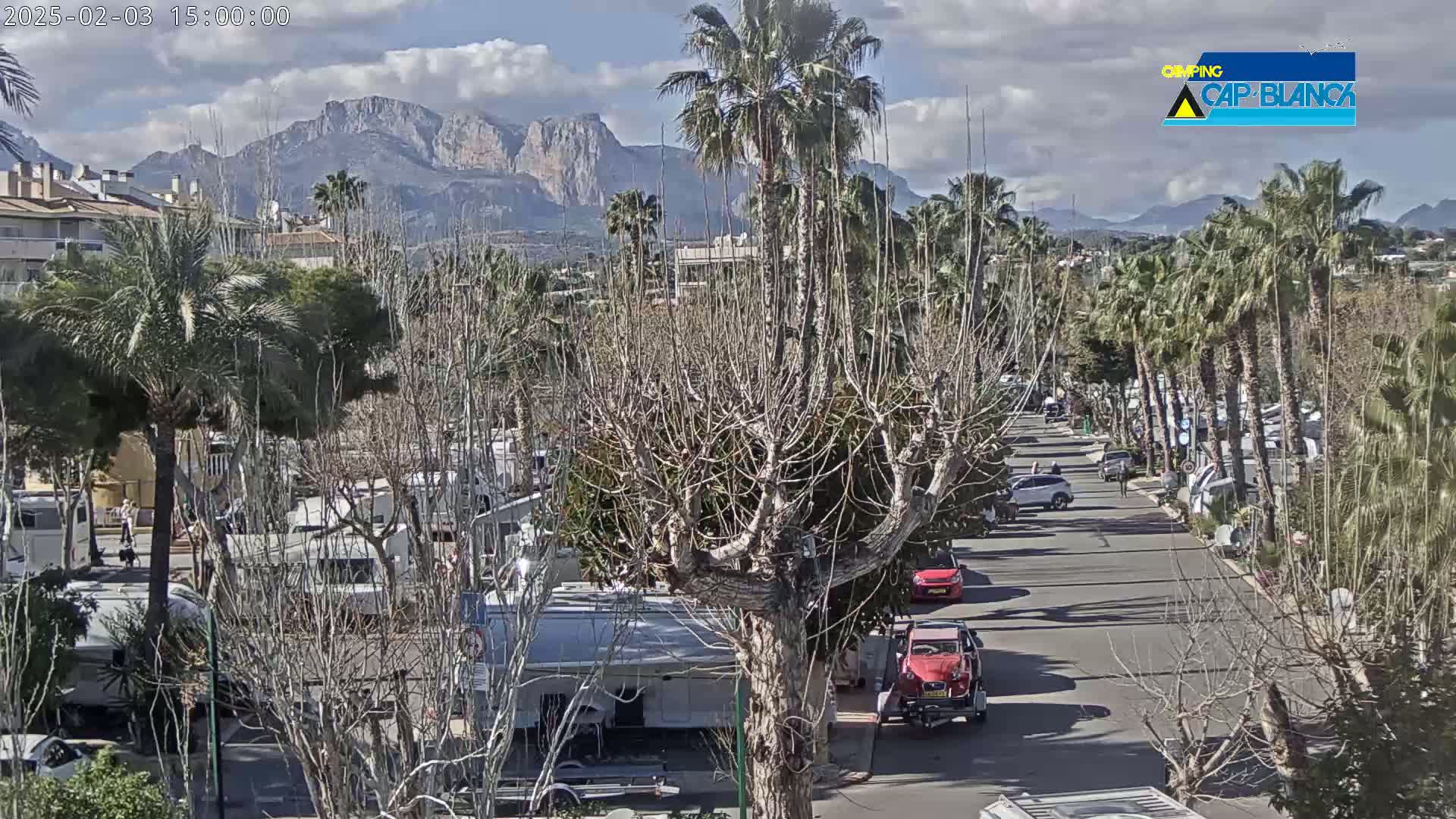 A partly cloudy day reveals a street lined with palm trees and RVs, with mountains visible in the background.