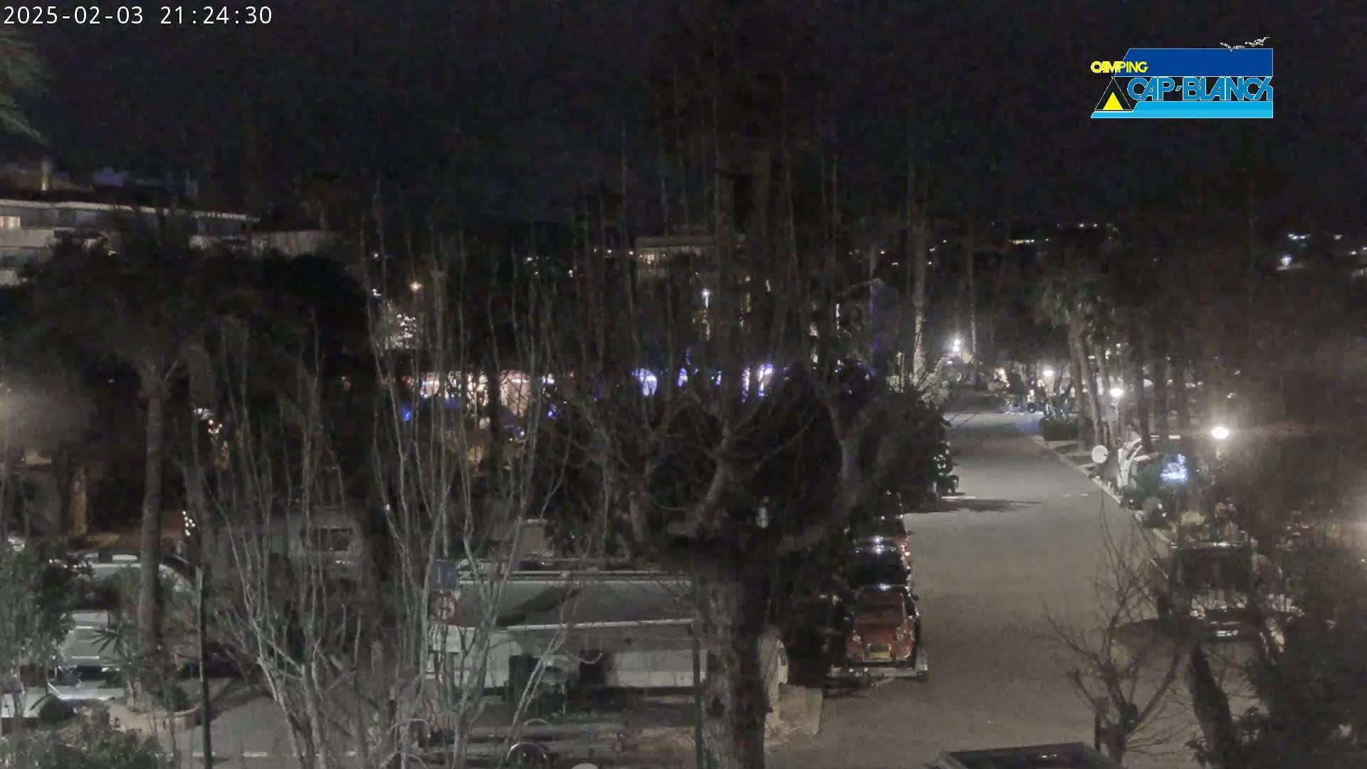A nighttime view of a campground with parked RVs and cars, illuminated by streetlights, under a dark sky.