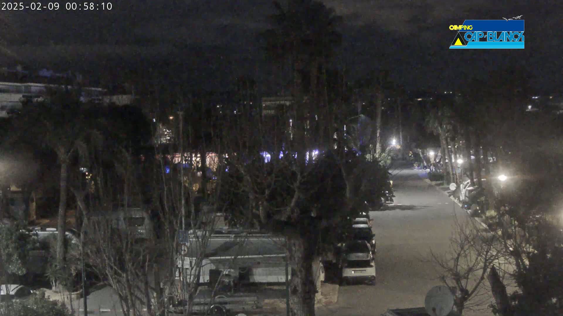 A nighttime, dimly lit view of a street lined with parked RVs and cars, surrounded by trees and buildings.