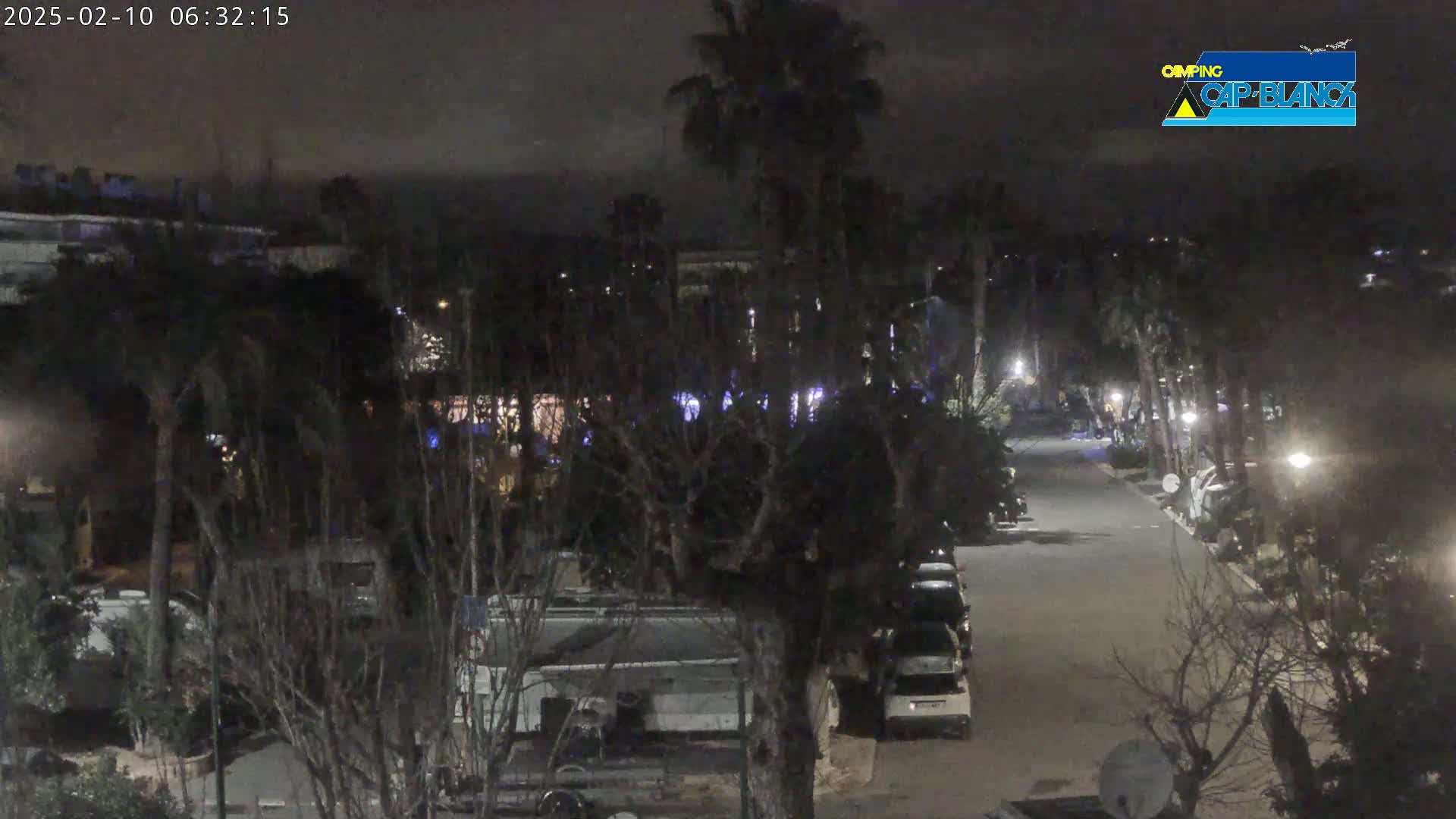 A nighttime, dimly lit street scene shows parked vehicles among dark trees and buildings under a cloudy sky.