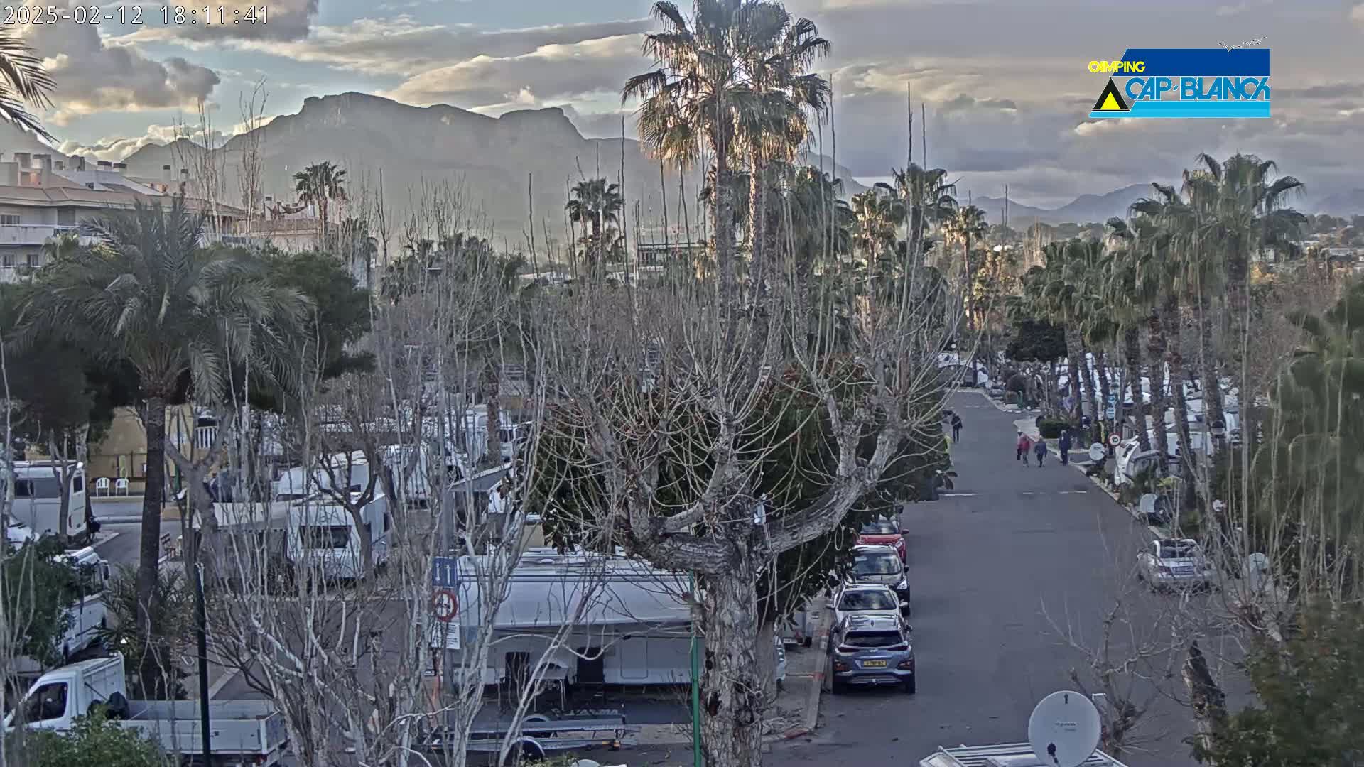 A paved road lined with palm trees and parked RVs leads toward mountains under a partly cloudy sky.