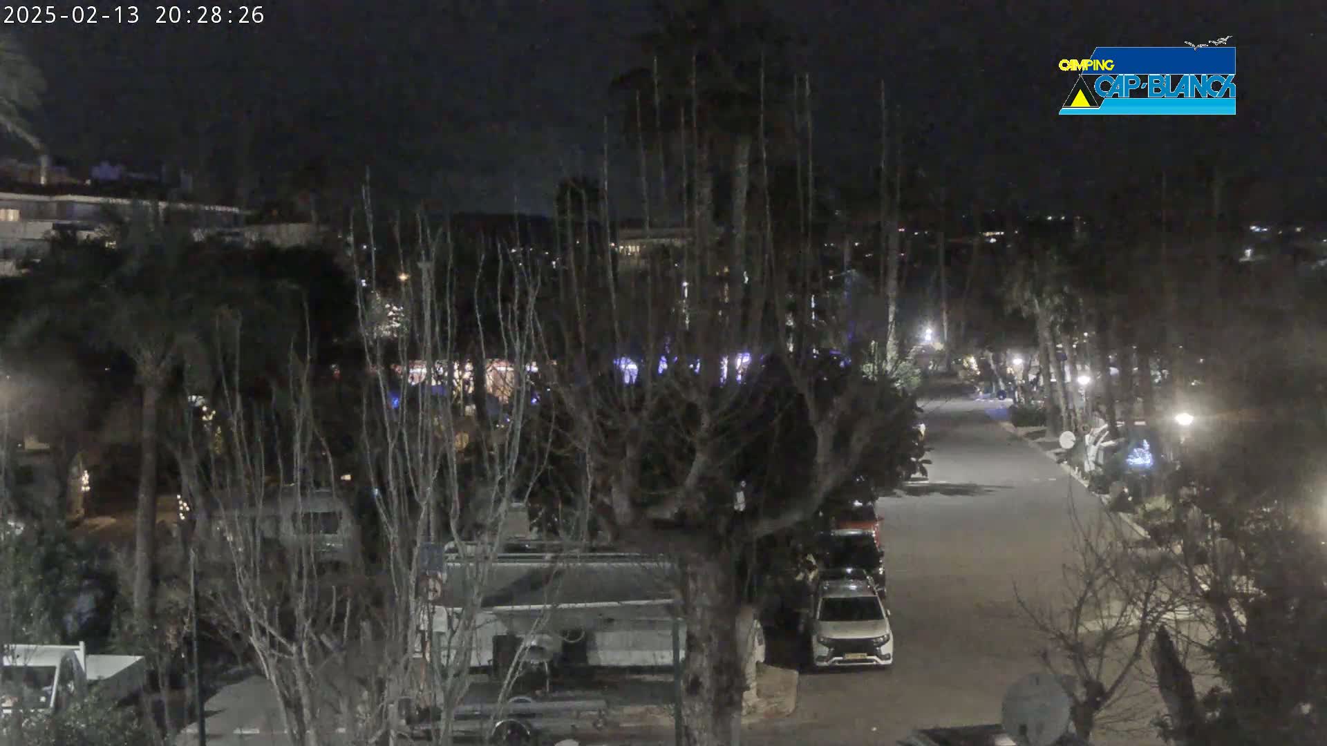 A nighttime view of a street lined with parked RVs and cars, under mostly clear skies, surrounded by trees and buildings.