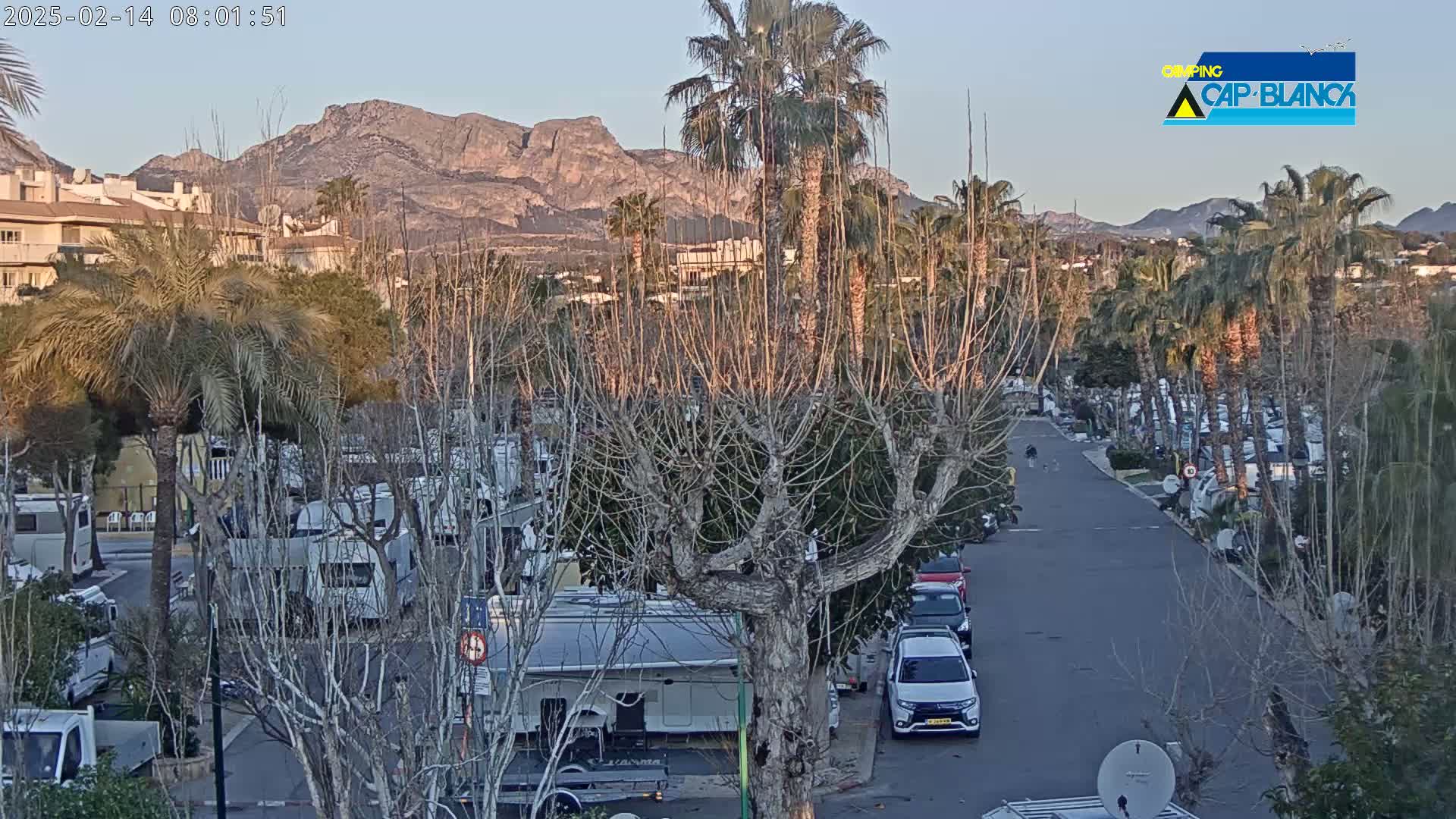 A street scene at dusk shows a campground with RVs parked among bare trees and palm trees, with mountains in the background under a clear sky.