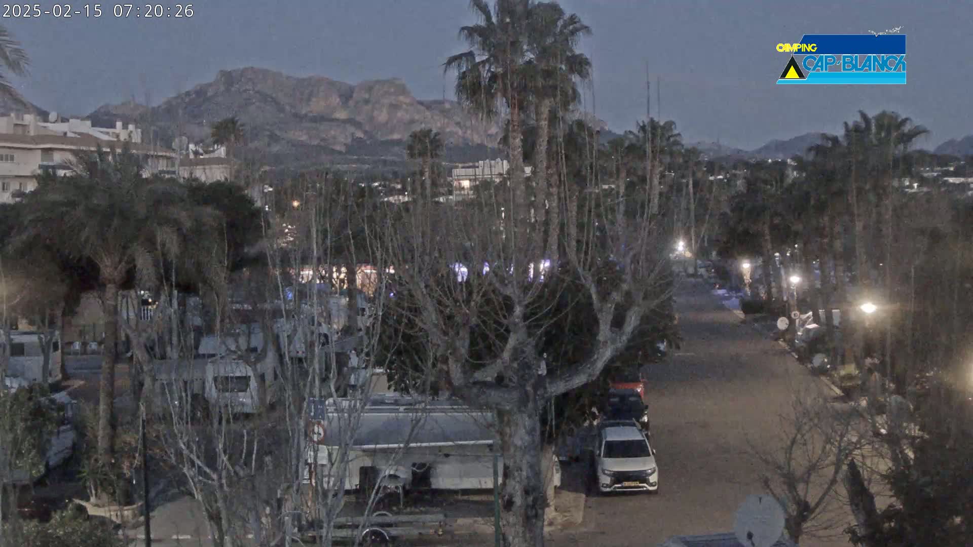 A nighttime view of a street lined with palm trees and RVs, with mountains in the background under a twilight sky.
