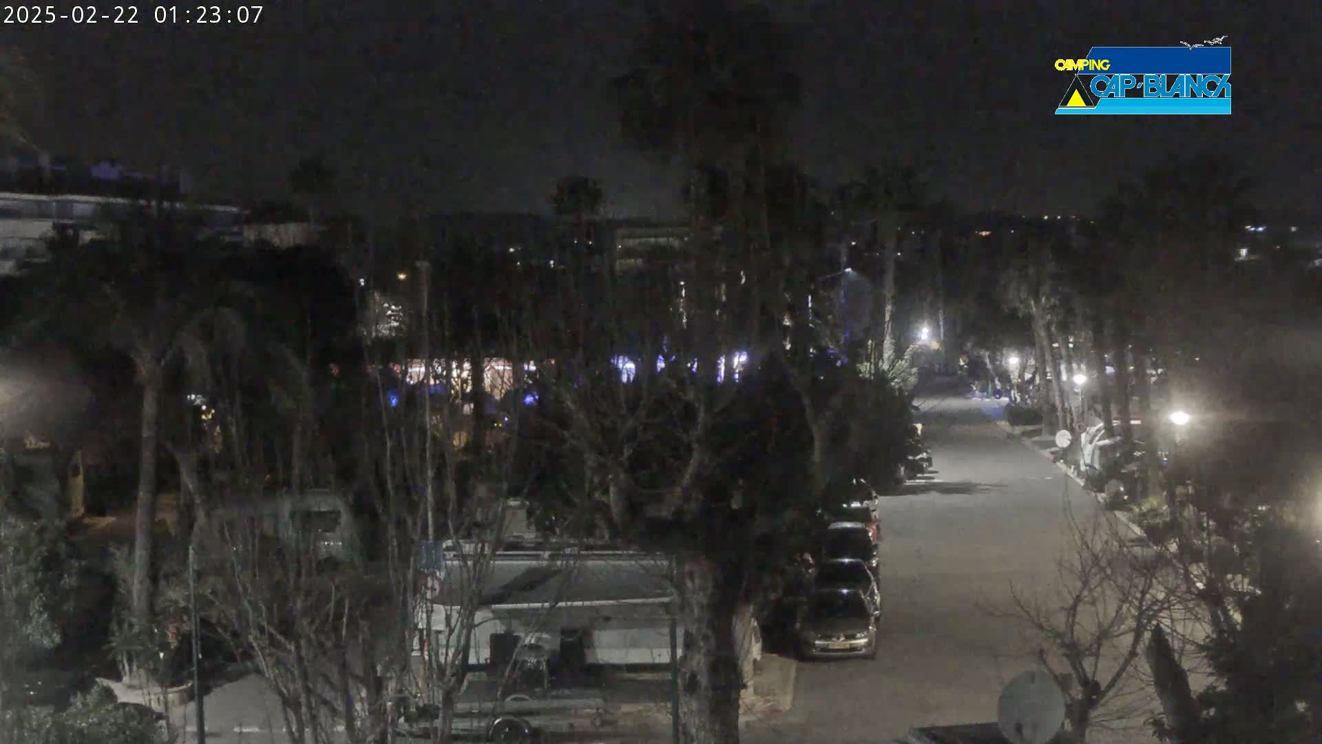 A nighttime view of a road lined with parked cars and recreational vehicles, surrounded by trees and buildings under dark, clear skies.