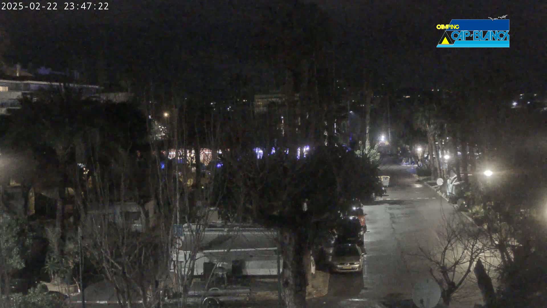 A nighttime, dimly lit street scene shows parked cars and RVs among bare trees, with a few streetlights illuminating the area.