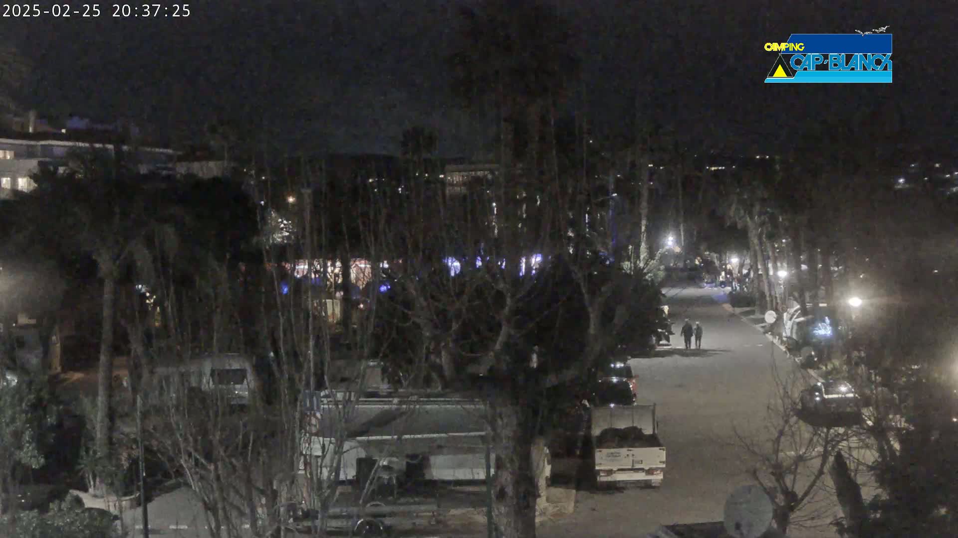 A nighttime overhead view shows a paved road lined with parked vehicles and bare trees, with two pedestrians walking on the road.