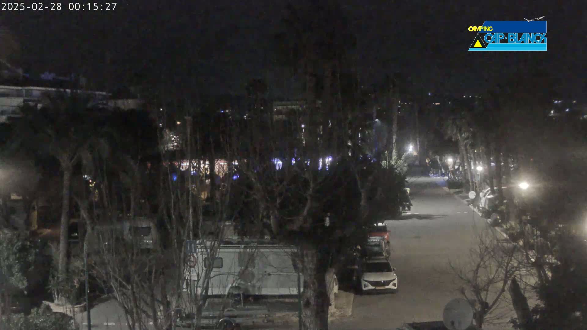 A nighttime, dimly lit street scene shows a few parked cars and RVs amongst bare trees and shrubs.