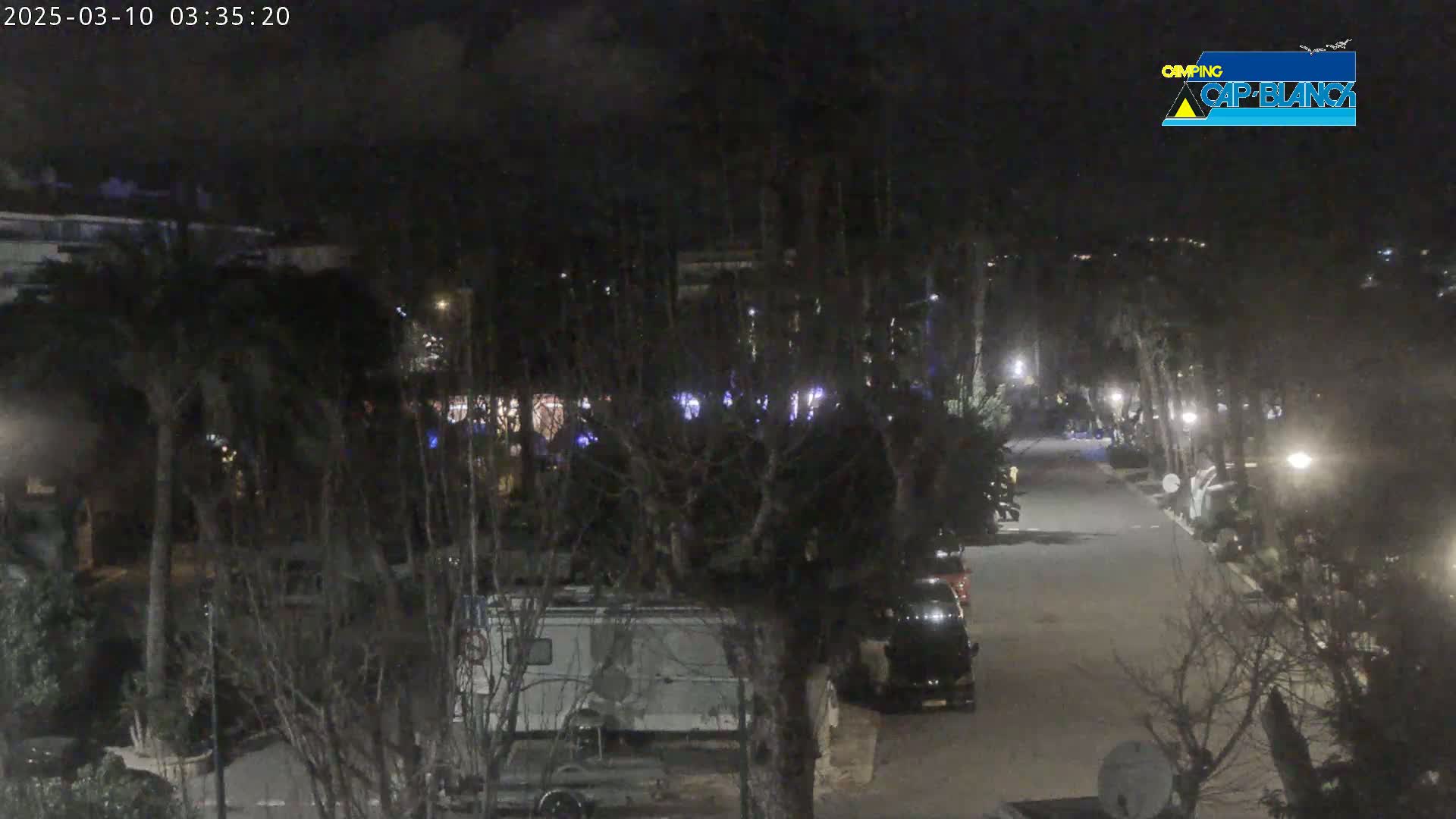 A nighttime view of a paved road lined with trees and parked vehicles, including a camper van, under a dark sky.