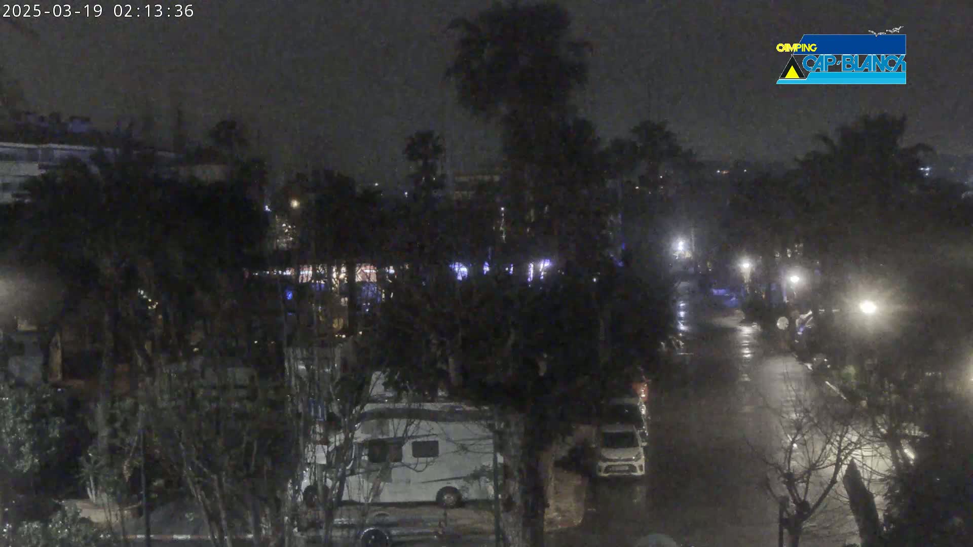 A nighttime, rainy scene shows a street lined with trees and parked vehicles, including a campervan, under dimly lit streetlights.