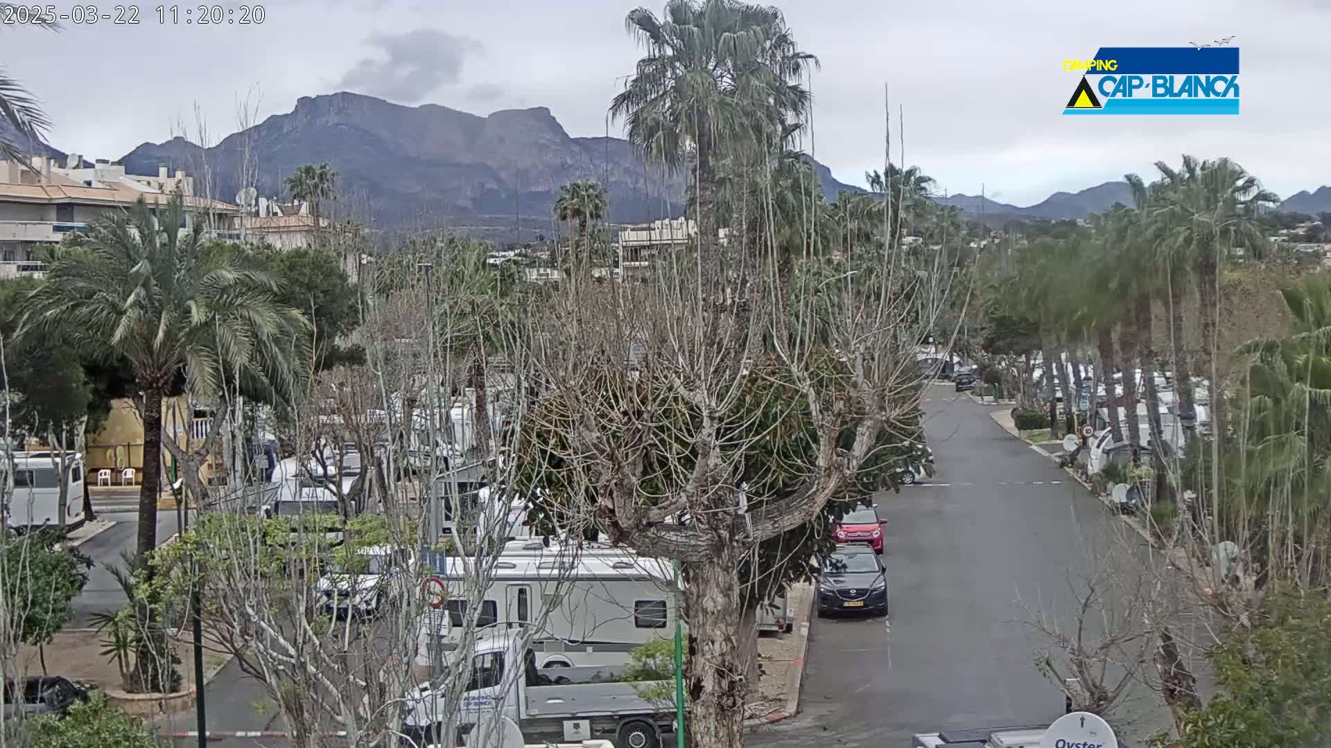 A campground with numerous RVs and cars is situated below a mountain range under an overcast sky.