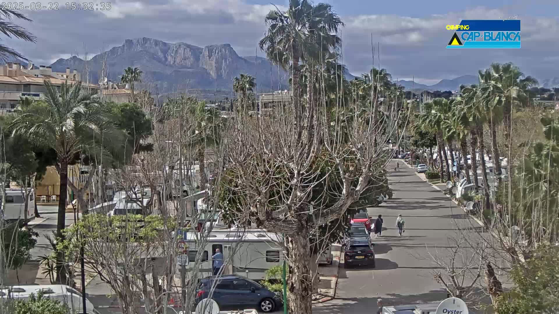 A paved road lined with parked recreational vehicles and palm trees winds toward a mountain range under a partly cloudy sky.