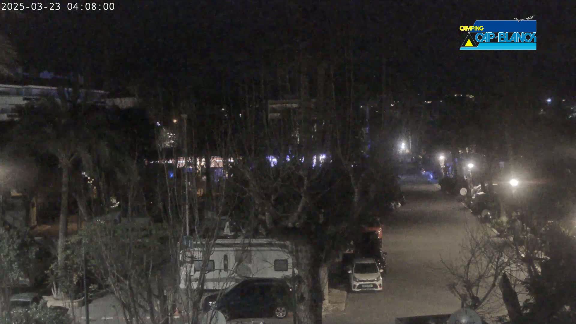 A nighttime, dimly lit outdoor scene shows a roadway with parked cars and motorhomes among sparsely leaved trees and buildings.