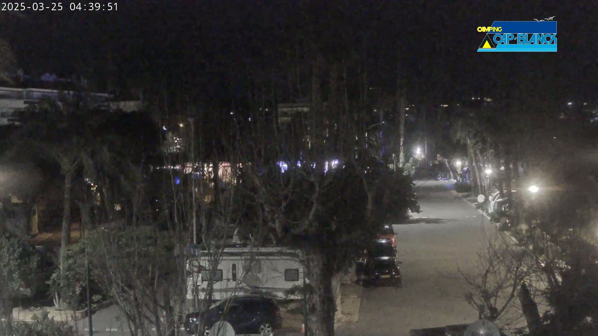 A nighttime, dimly lit street scene shows parked cars and recreational vehicles among bare trees.