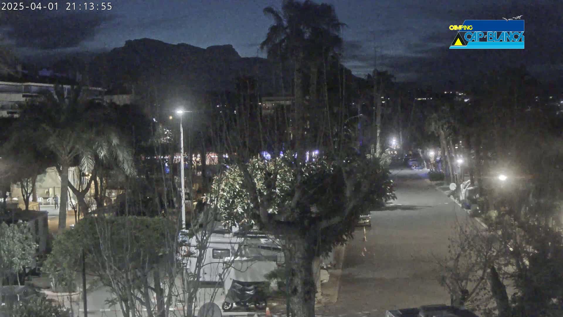A nighttime view of a tree-lined street in a residential area with mountains in the background under a dark, cloudy sky.