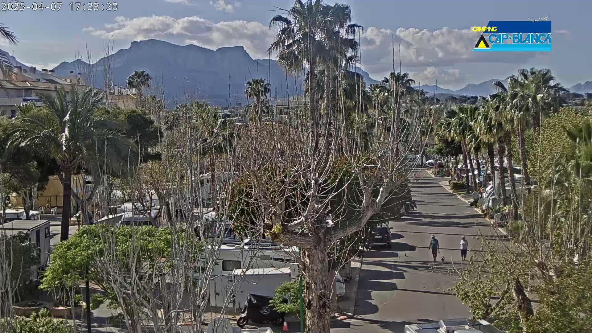 A partly sunny day reveals a street lined with palm trees and recreational vehicles, with mountains in the background.