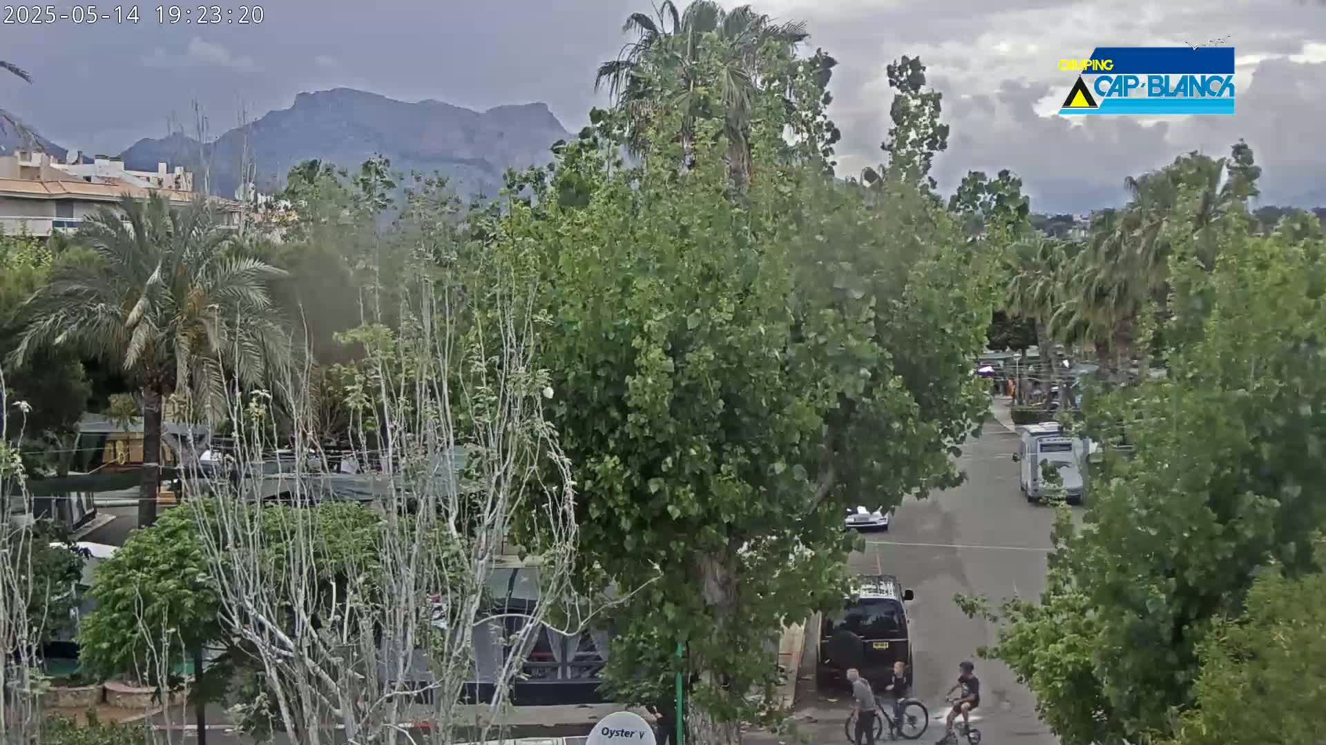 A street scene under an overcast sky shows a roadway with parked vehicles and two children riding bicycles past a van, all surrounded by lush green trees and a mountain range in the background.