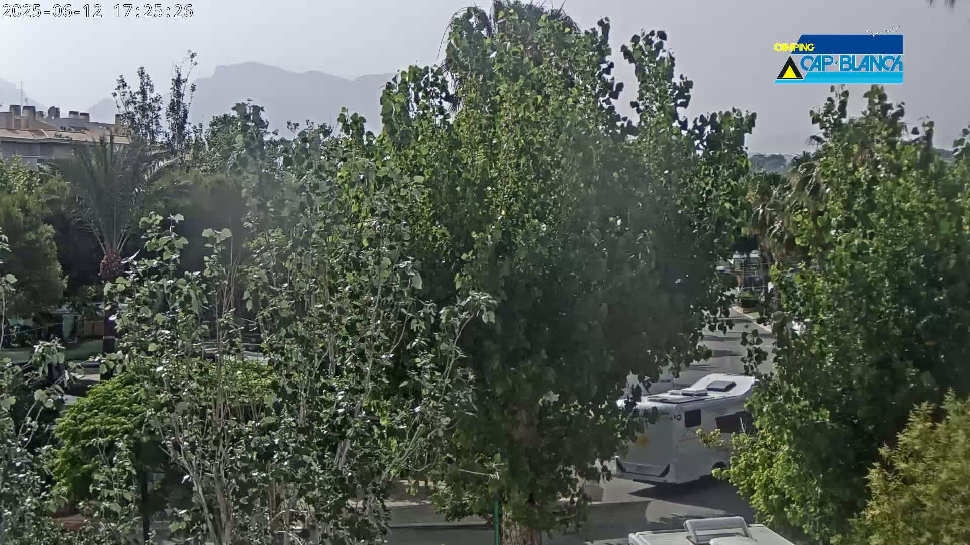 A hazy view of a campground with lush green trees and a motorhome parked on a paved road, mountains visible in the background.
