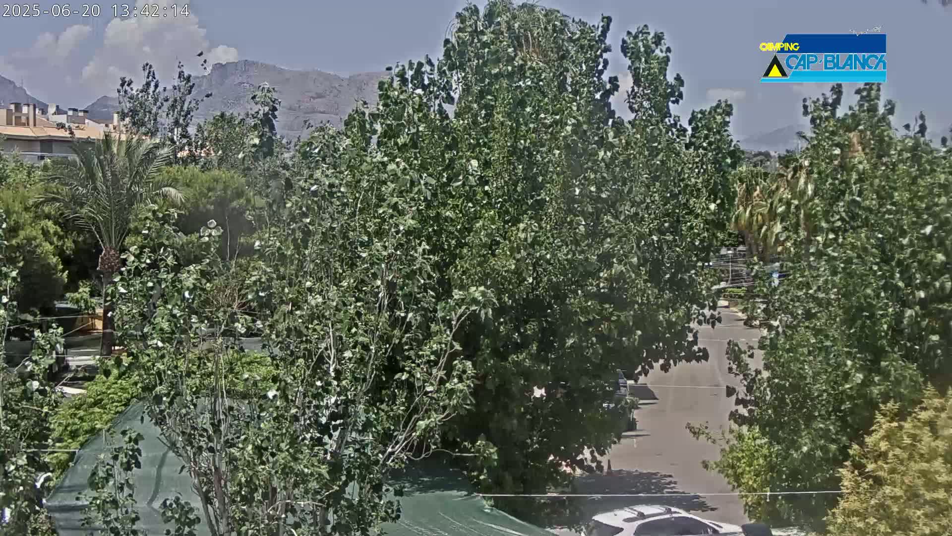 A partly cloudy day reveals a view of lush green trees, buildings, and a road, with mountains in the distance.