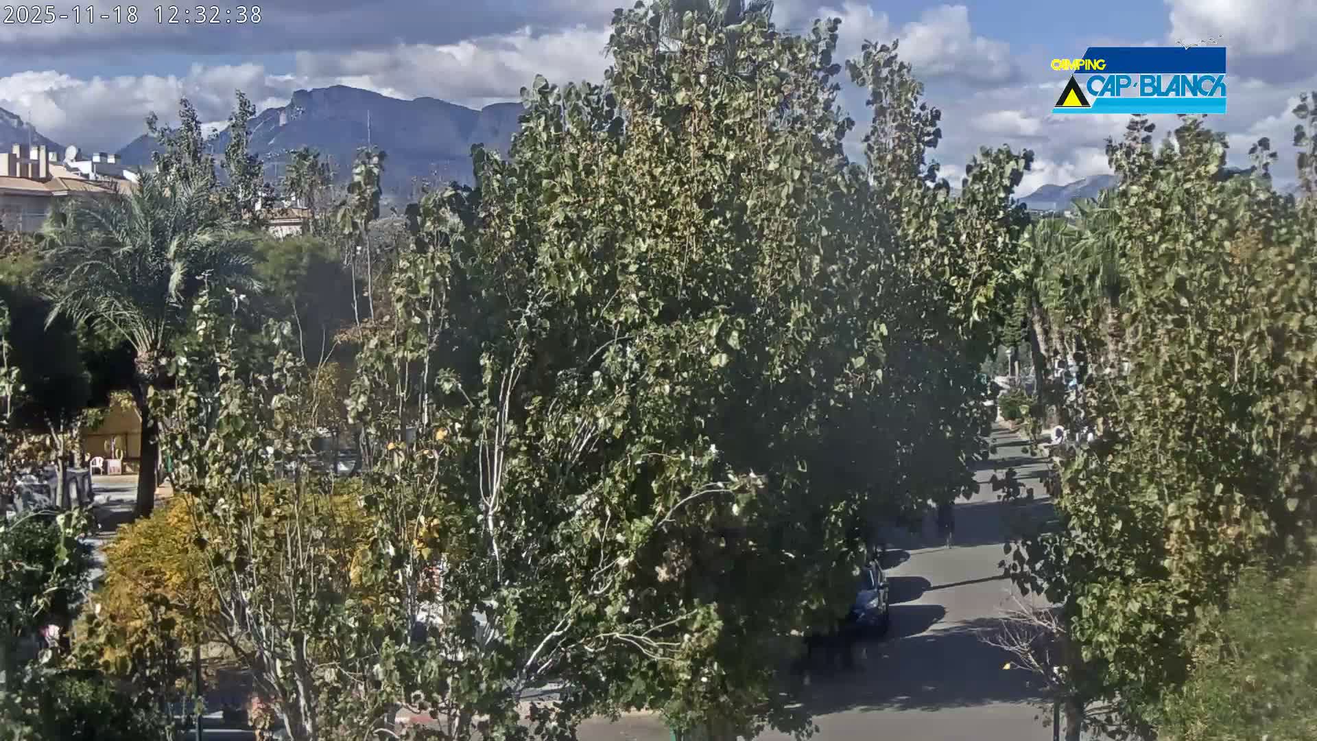 A clear and sunny day illuminates an outdoor scene filled with lush green trees, distant mountains, and a street with a few people and a car.