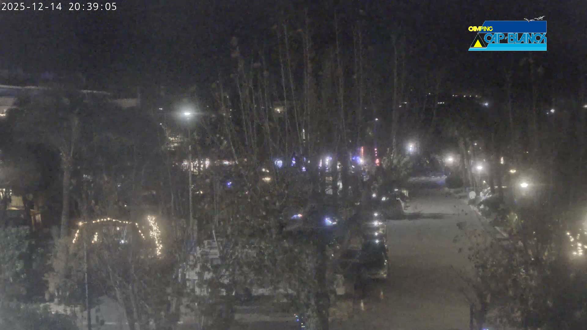 On a cloudy day, a paved road winds through a town featuring numerous trees with green and yellowing foliage, a few walking people, and parked cars, all set against a backdrop of distant, rugged mountains.
