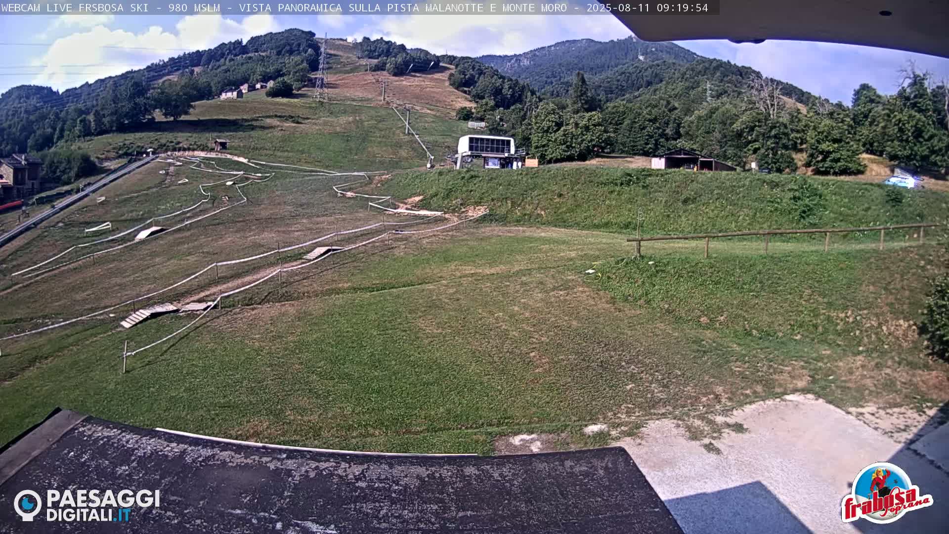 A grassy hillside with a bike park and ski lift, under a partly cloudy sky.