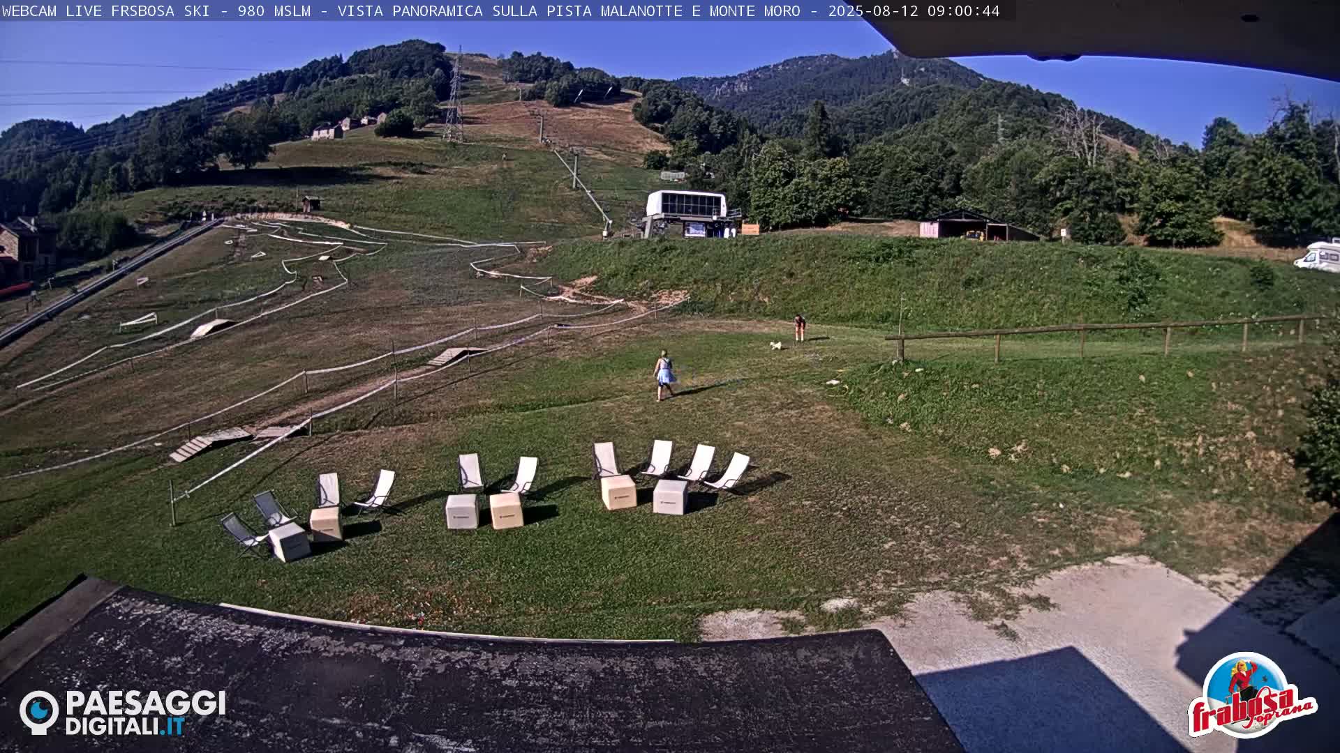 A grassy area with lounge chairs and a person walking a dog sits below a mountainside with a ski lift and a clear blue sky.