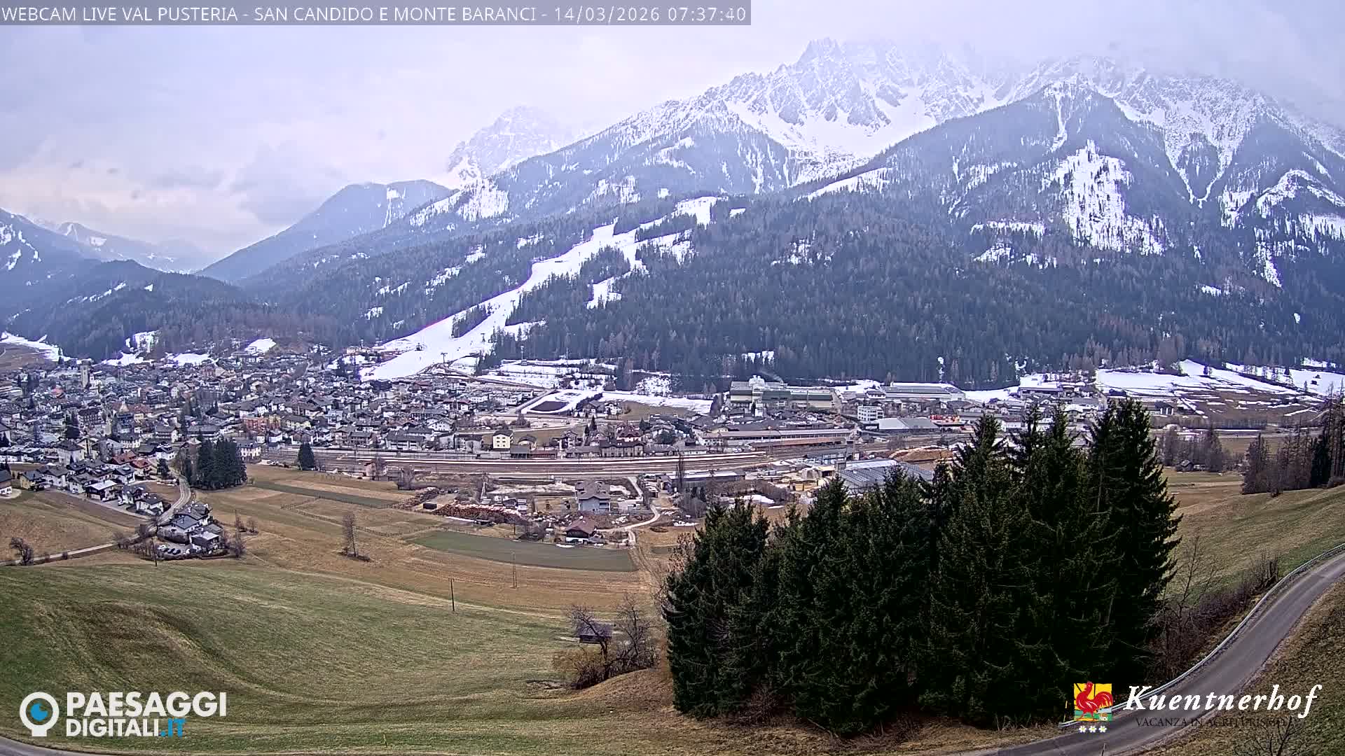 Val Pusteria (Puster Valley), San Candido (Innichen) Village & Monte Baranci Mount View Live Cam - South Tyrol (Bolzano) , Trentino-South Tyrol (Trentino-Alto Adige/Südtirol), Italy