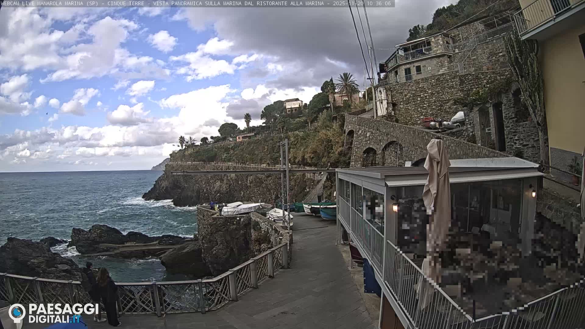 A vibrant coastal scene features a promenade with a restaurant and moored boats, leading to a rocky shoreline and deep blue-green sea against a backdrop of steep cliffs dotted with terraced buildings, all under a partly cloudy sky.