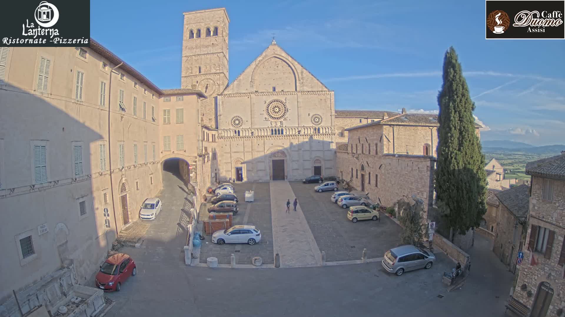 A large stone cathedral sits in a town square surrounded by buildings, cars, and a tall evergreen tree, under a clear blue sky.
