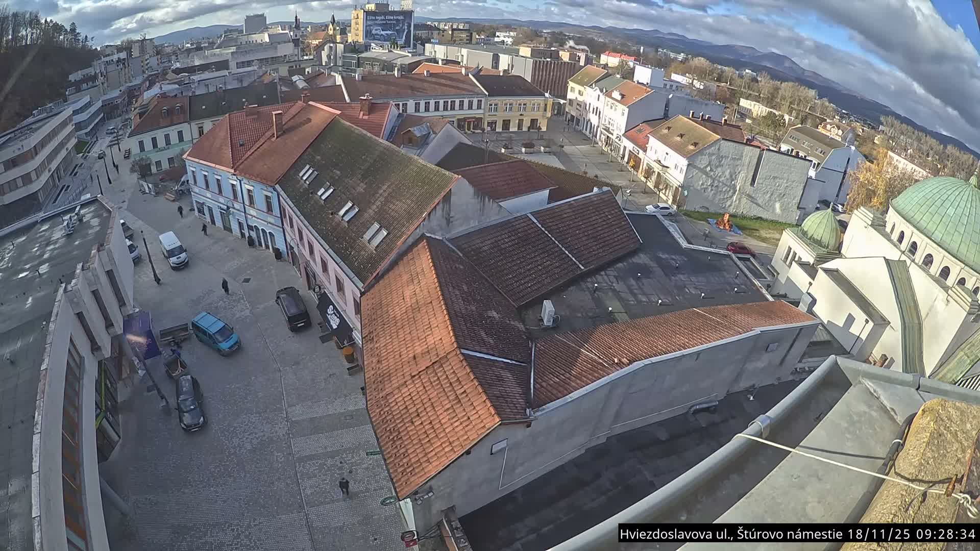 A high-angle, sunny view shows a town square with red-tiled buildings, a few people, and a partially visible synagogue in the background.