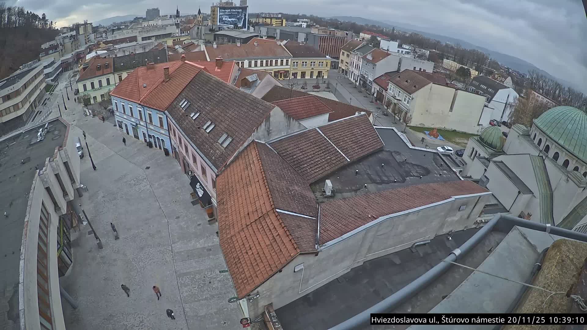 An elevated view captures a town square where several people walk on a paved area surrounded by traditional buildings with tiled roofs and a distinctive green-domed structure, all under a grey, overcast sky.