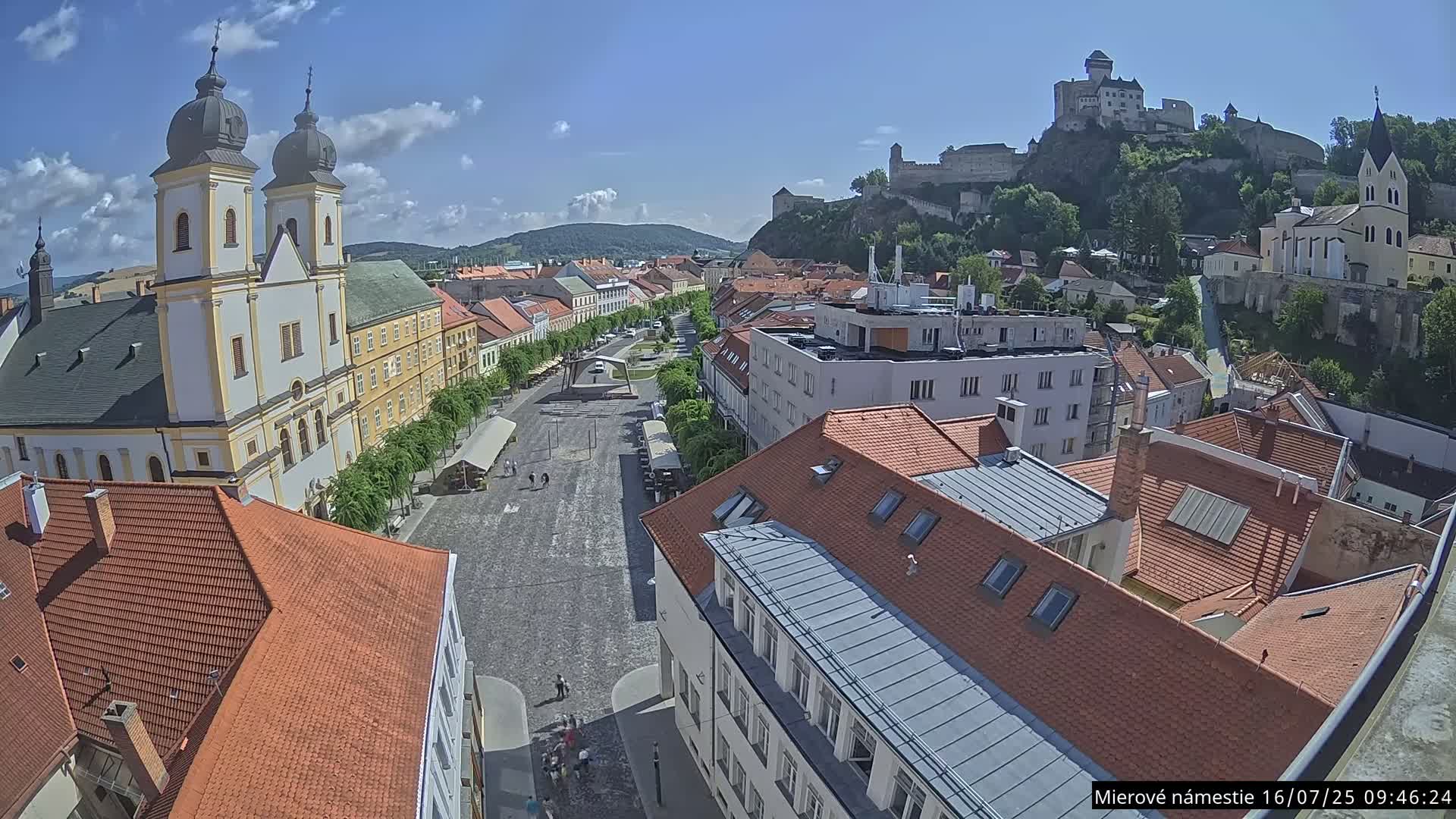 A high-angle view of a town square on a sunny day, with a church and a castle visible in the background.