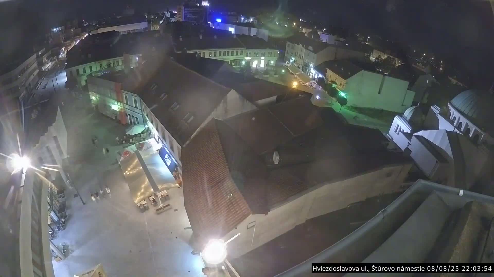 Trenčín, Piaristický kostol sv. Františka Xaverského Church & Trenciansky Hrad (Ttencin Castle) at Mierové námestie Square East View Live Cam - Trencin, Okres Trencin, Slovakia 