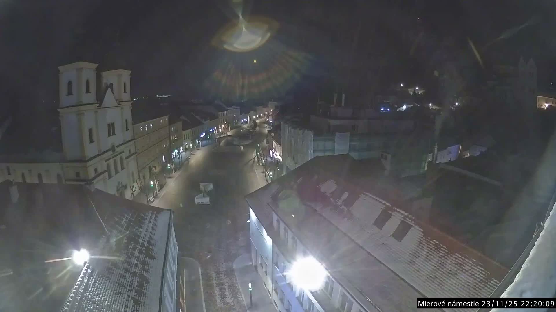 Trenčín, Piaristický kostol sv. Františka Xaverského Church & Trenciansky Hrad (Ttencin Castle) at Mierové námestie Square East View Live Cam - Trencin, Okres Trencin, Slovakia 