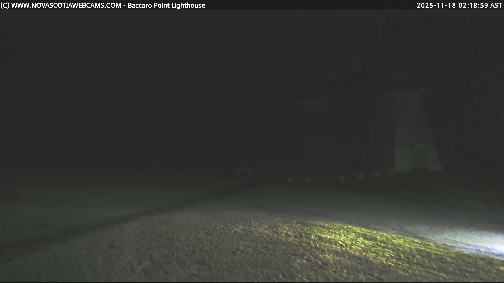 A dark, foggy night scene reveals a distant, faintly visible lighthouse on the right, with the foreground illuminated by a light source.