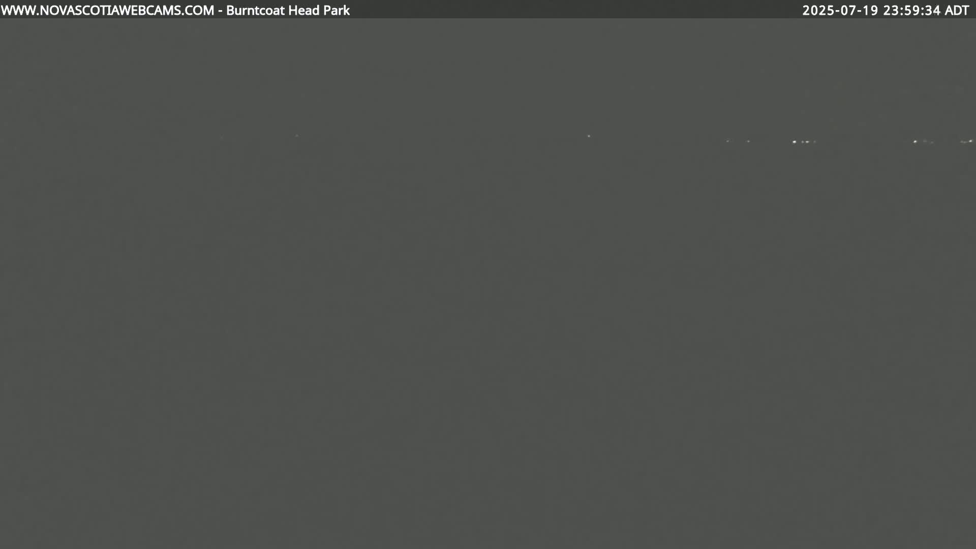A dark, nighttime view shows a faint line of distant lights on the horizon under a mostly clear sky.