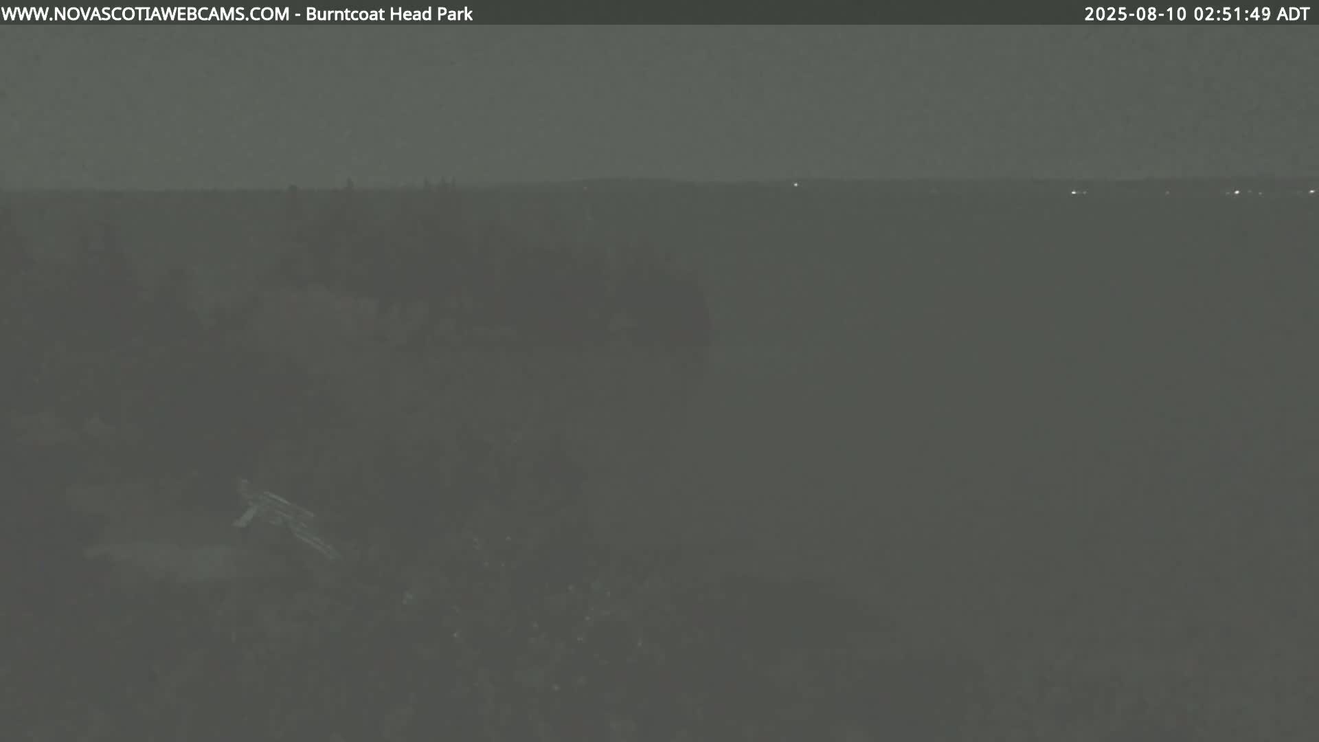 A dark, hazy nighttime view shows a distant horizon with faint lights and indistinct land features in the foreground.