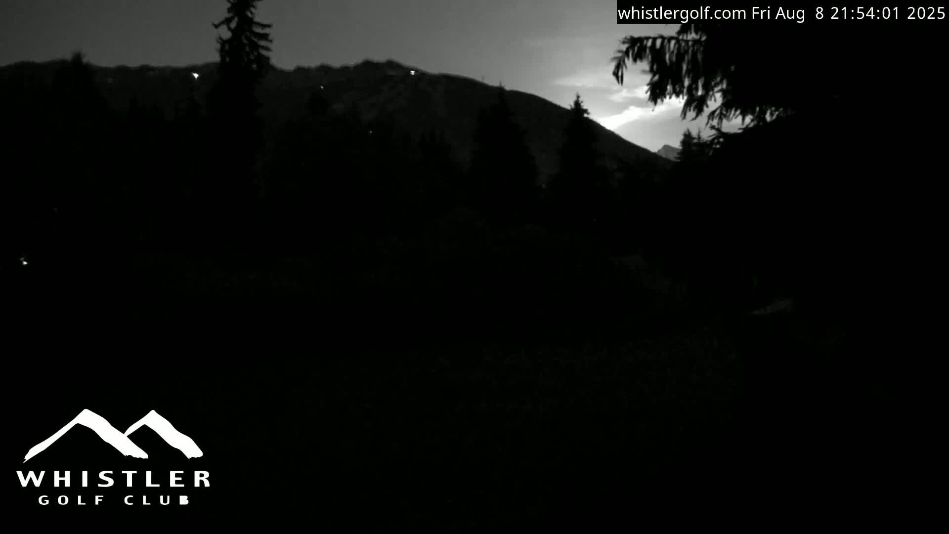 A nighttime, dark grayscale view shows a mountain silhouetted against a dusky sky, with some trees in the foreground and faint lights visible on the mountain.