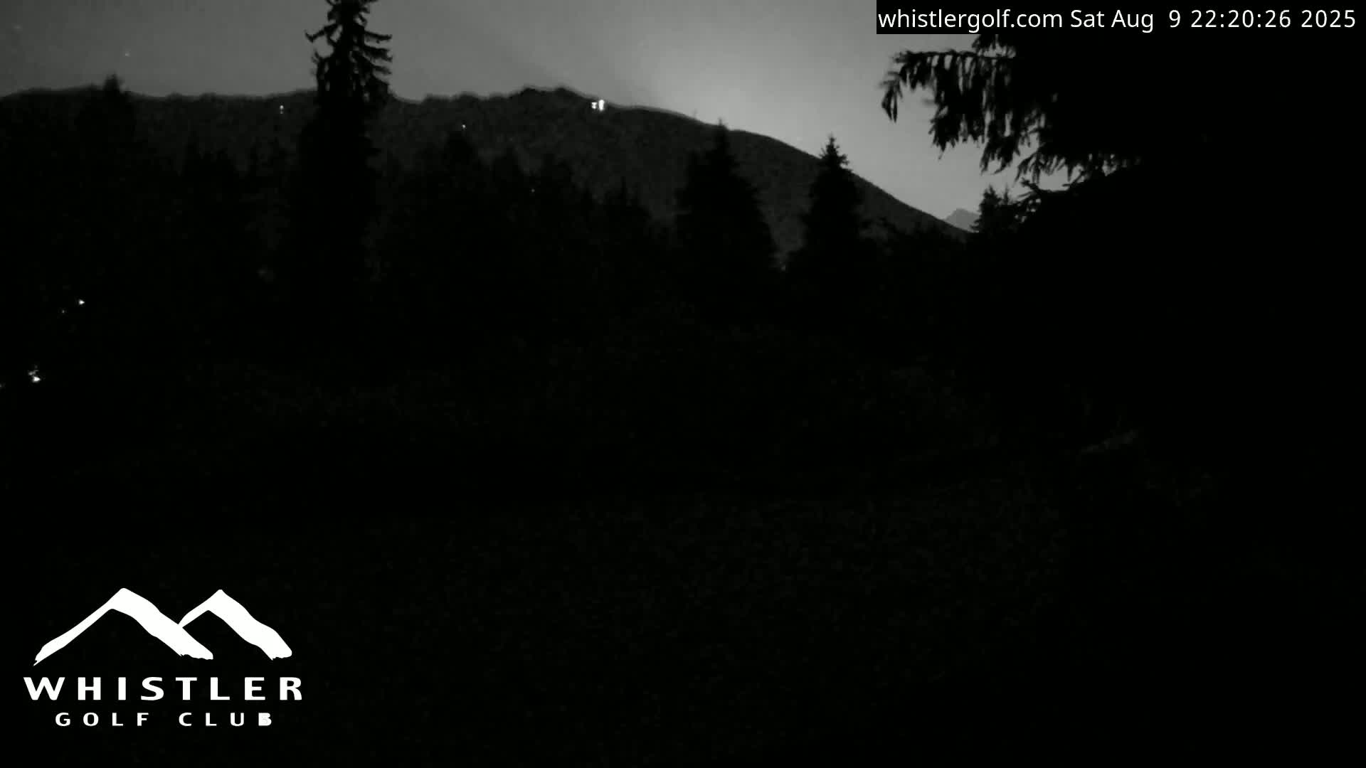 A nighttime, low-light image shows silhouetted trees and a distant mountain range under a dark, overcast sky.