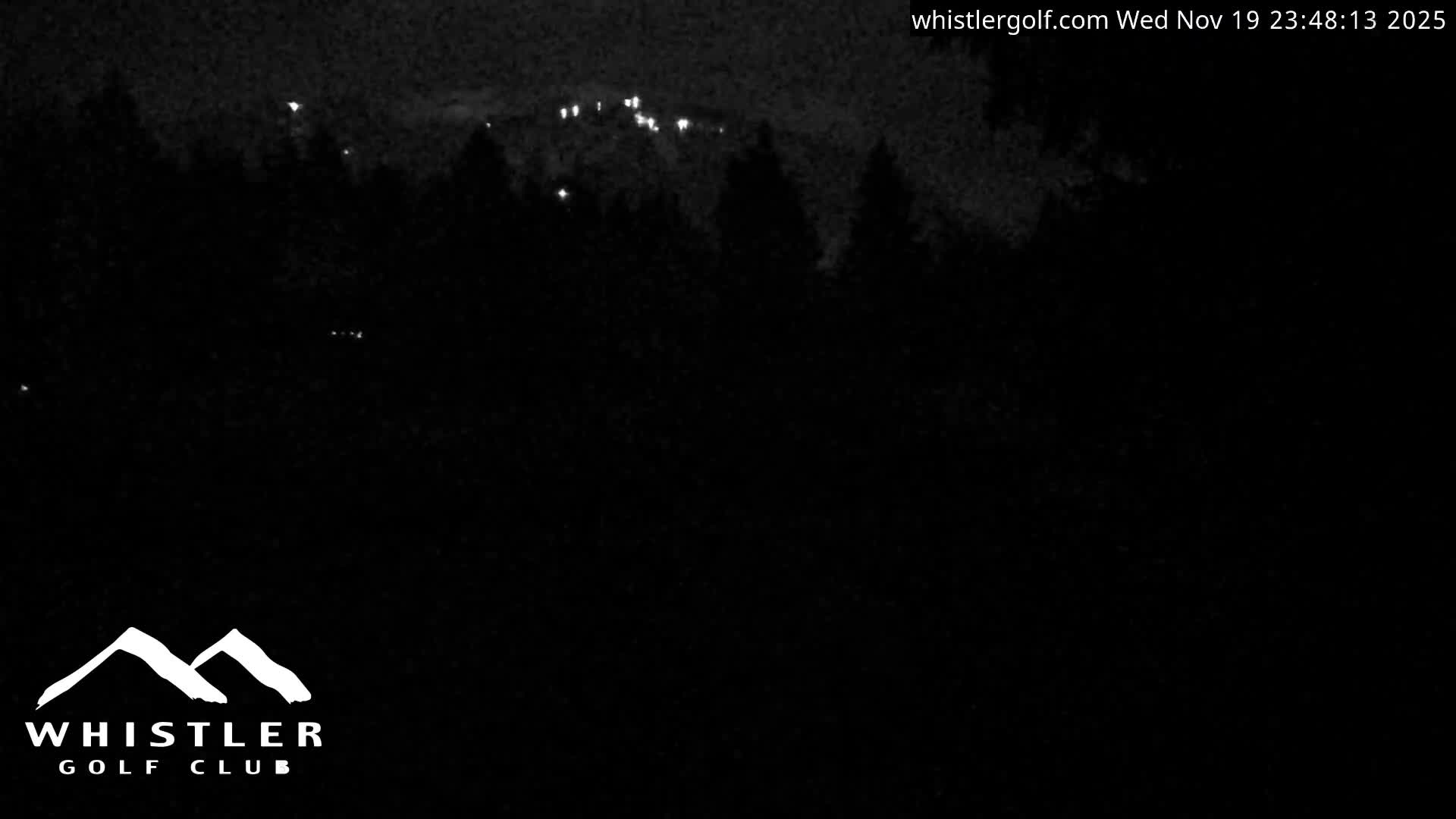 The image displays a very dark nighttime view of a landscape with silhouetted trees in the mid-ground and scattered bright lights on a distant mountain or hillside, under clear weather conditions.