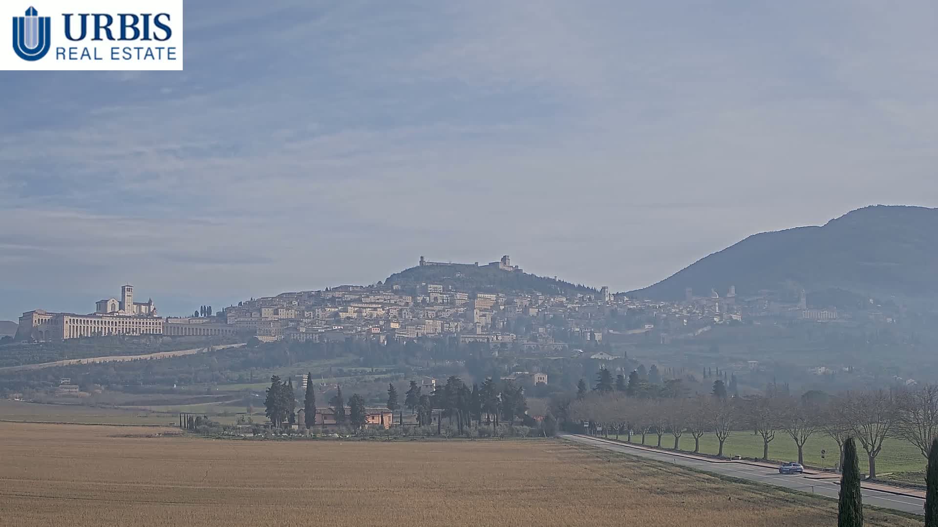 A hazy view shows a hilltop town with several buildings, including a large basilica, surrounded by flat farmland and a road lined with trees under a mostly clear sky.