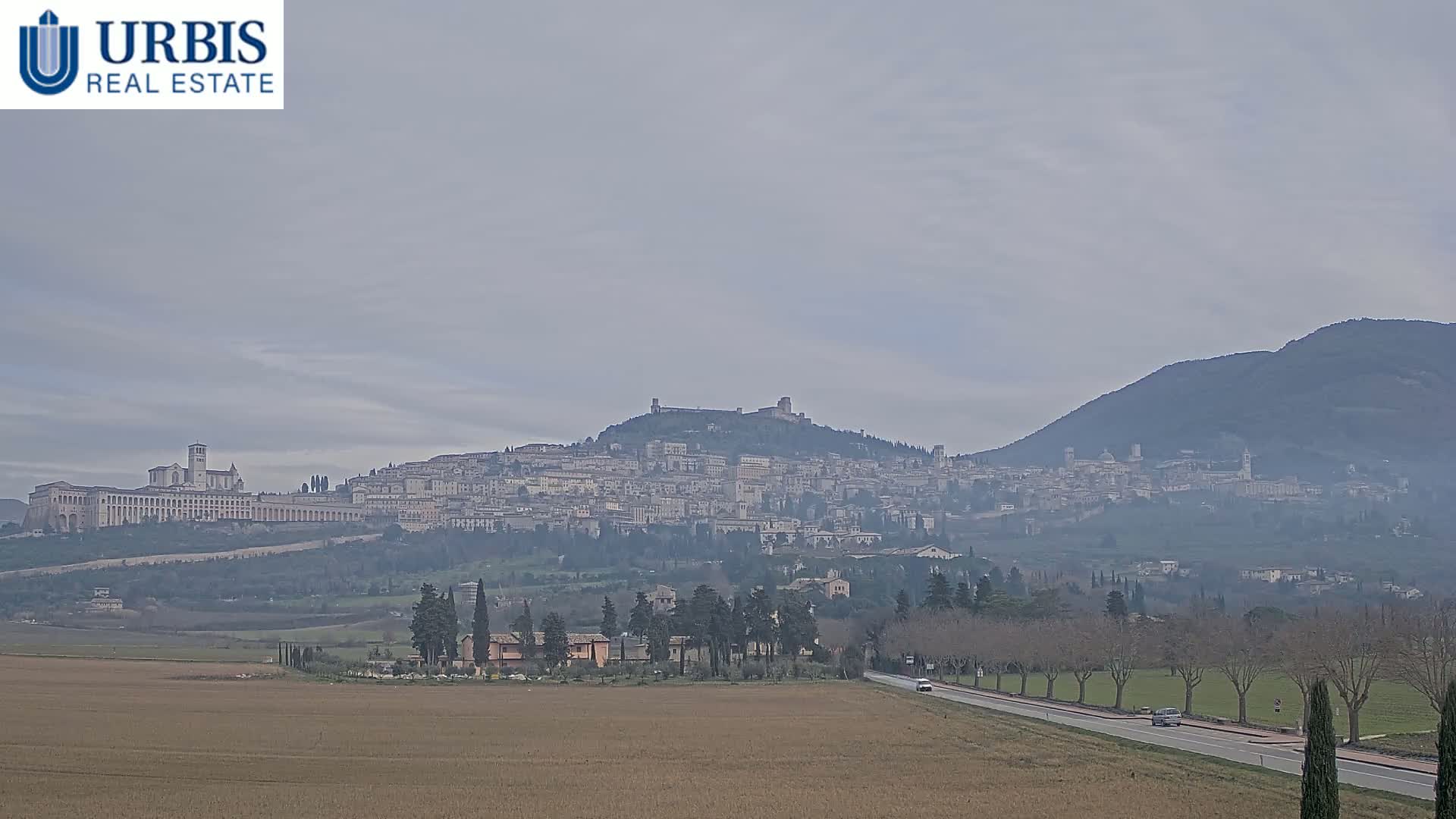 A distant view of Assisi, Italy, nestled on a hill, on an overcast day, with a road and flatlands in the foreground.