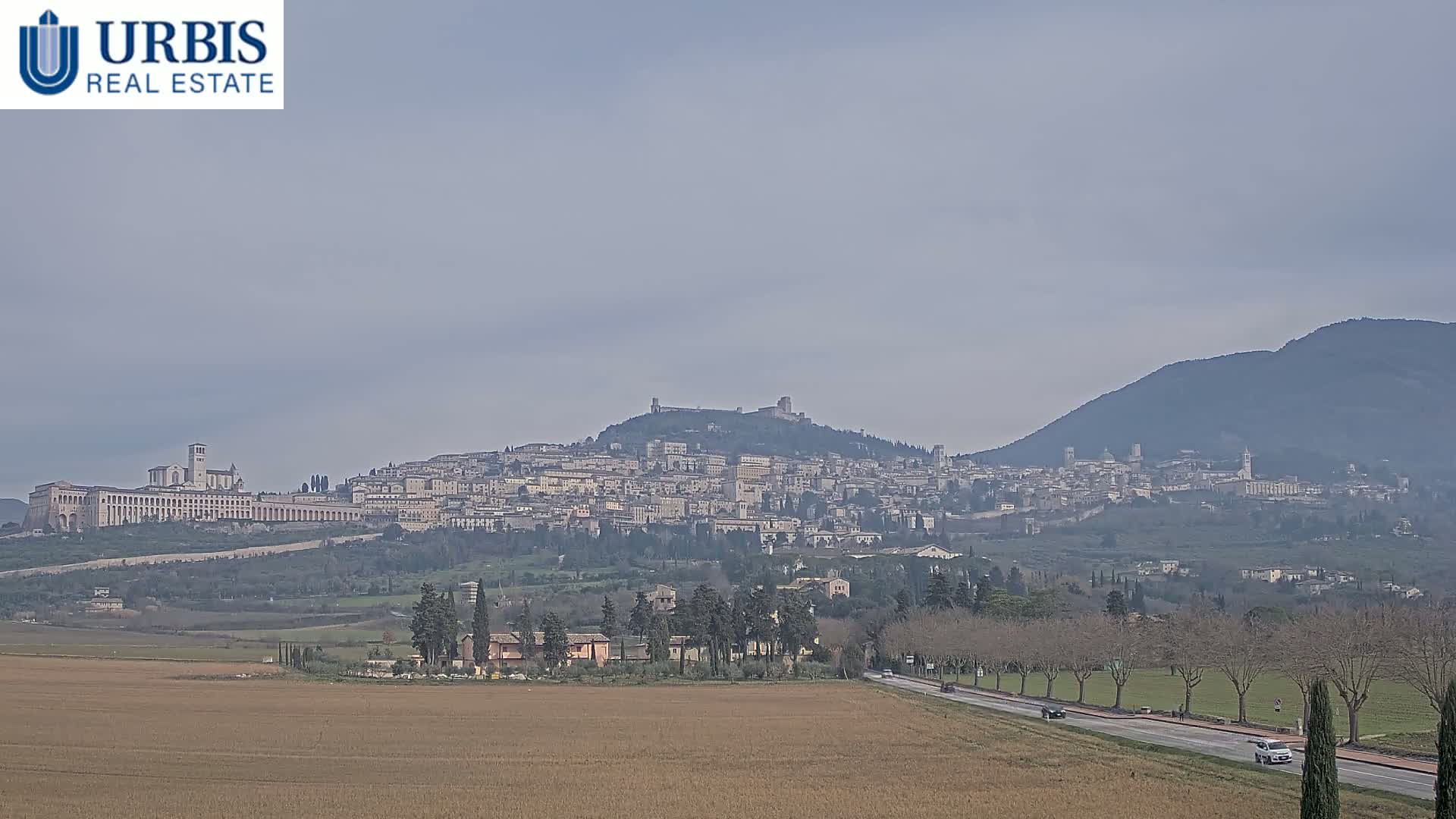 A hilltop city with numerous buildings, including a large basilica, is visible in the distance under a hazy sky, with a flat, brown field and a road in the foreground.